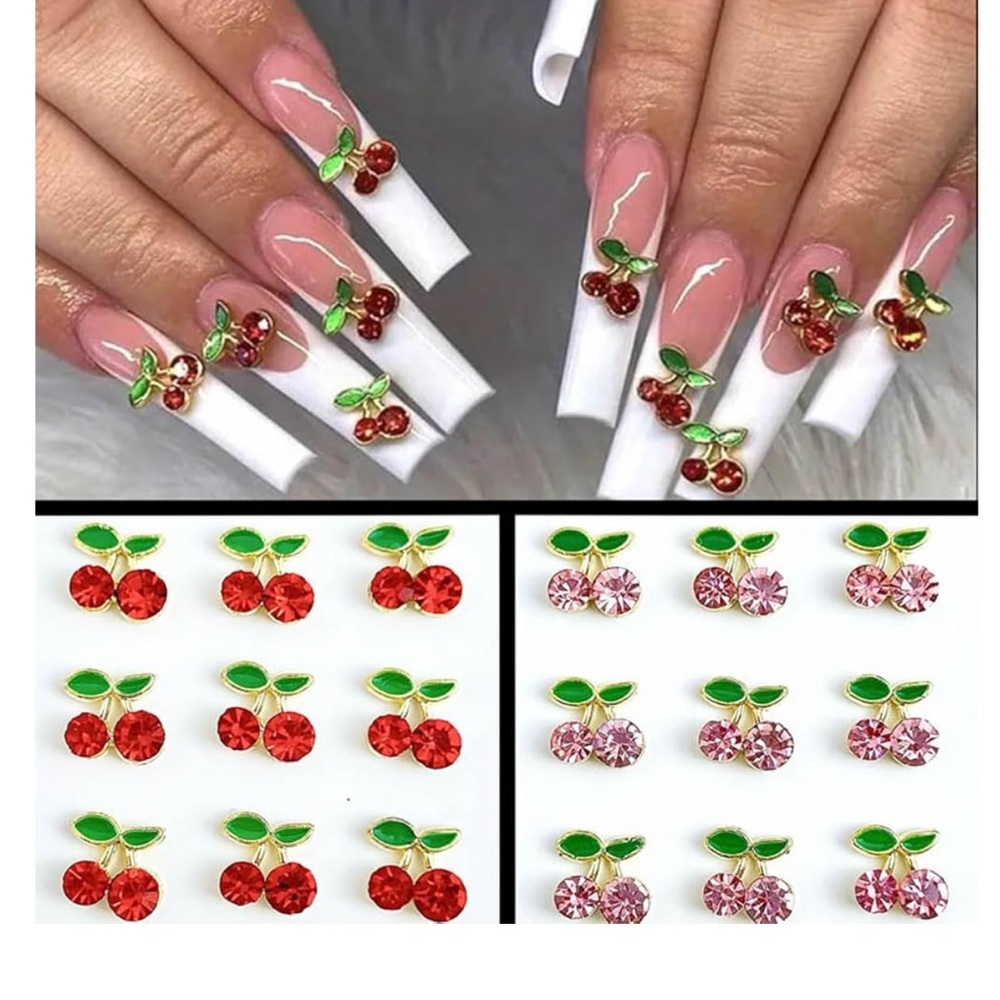 30 Pcs 3D Cherry Nail Charms, Sliver Cherry Nail Rhinestones, Heart Gems Studs